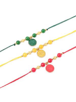   set of 3 multicolor artificial beads thread rakhi with roli chawal chandan & mishri 2
