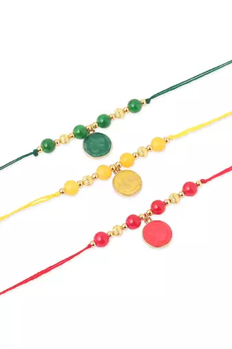   set of 3 multicolor artificial beads thread rakhi with roli chawal chandan & mishri