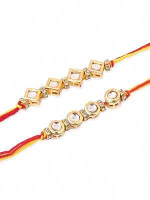   set of 2 multicolor kundan studded thread rakhi with roli chawal chandan & mishri 2