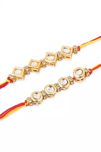   set of 2 multicolor kundan studded thread rakhi with roli chawal chandan & mishri