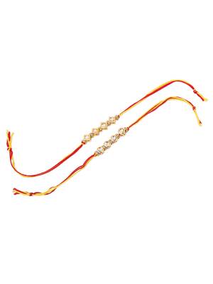   set of 2 multicolor kundan studded thread rakhi with roli chawal chandan & mishri 3