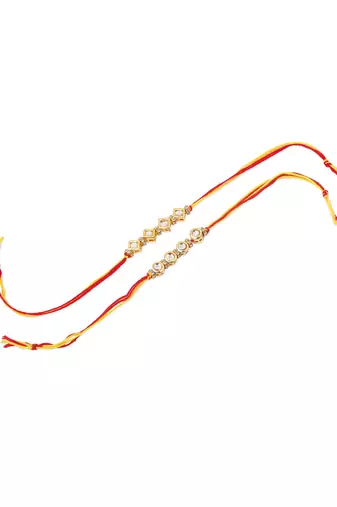   set of 2 multicolor kundan studded thread rakhi with roli chawal chandan & mishri