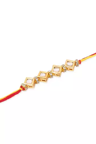   set of 2 multicolor kundan studded thread rakhi with roli chawal chandan & mishri