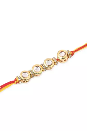   set of 2 multicolor kundan studded thread rakhi with roli chawal chandan & mishri