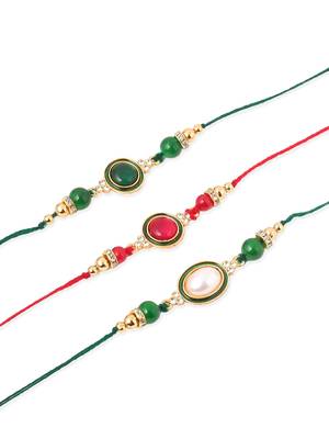   set of 3 multicolor artificial beads & pearls thread rakhi with roli chawal chandan & mishri 2
