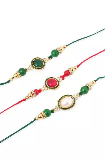   set of 3 multicolor artificial beads & pearls thread rakhi with roli chawal chandan & mishri