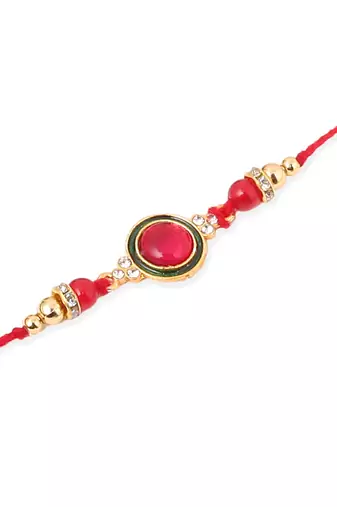   set of 3 multicolor artificial beads & pearls thread rakhi with roli chawal chandan & mishri