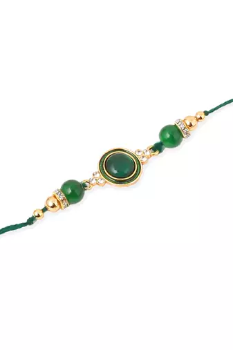   set of 3 multicolor artificial beads & pearls thread rakhi with roli chawal chandan & mishri