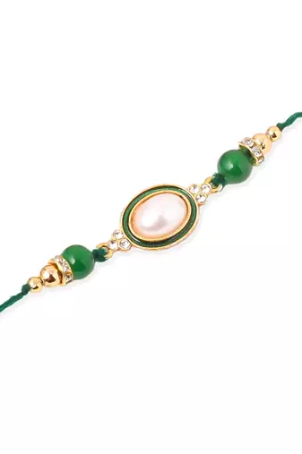   set of 3 multicolor artificial beads & pearls thread rakhi with roli chawal chandan & mishri