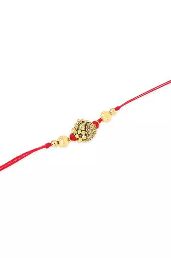   set of 3 gold toned thread rakhi with roli chawal chandan & mishri