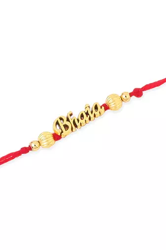   set of 3 gold toned thread rakhi with roli chawal chandan & mishri
