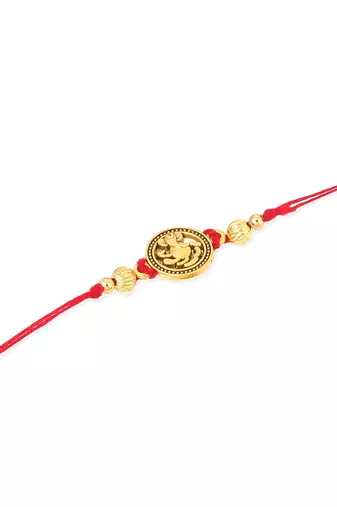   set of 3 gold toned thread rakhi with roli chawal chandan & mishri