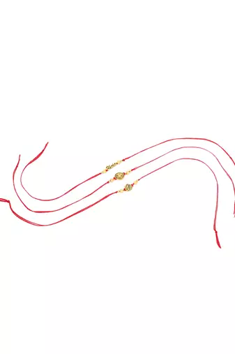   set of 3 gold toned thread rakhi with roli chawal chandan & mishri