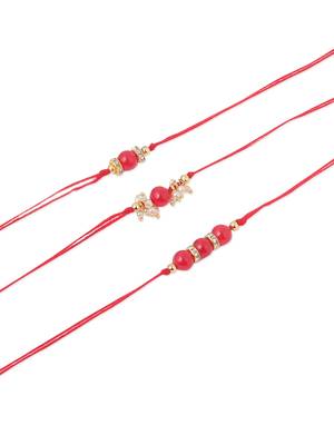   set of 3 red artificial beads & pearls thread rakhi with roli chawal chandan & mishri 2