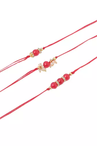   set of 3 red artificial beads & pearls thread rakhi with roli chawal chandan & mishri