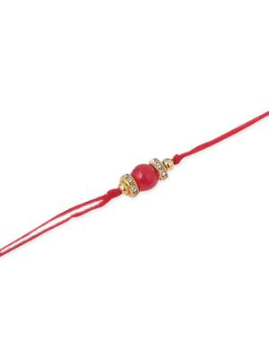   set of 3 red artificial beads & pearls thread rakhi with roli chawal chandan & mishri 3