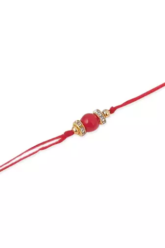   set of 3 red artificial beads & pearls thread rakhi with roli chawal chandan & mishri