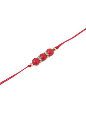   set of 3 red artificial beads & pearls thread rakhi with roli chawal chandan & mishri 4