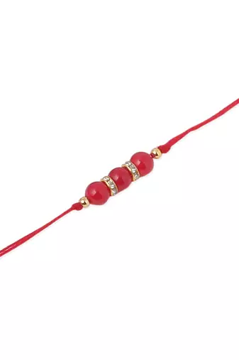  set of 3 red artificial beads & pearls thread rakhi with roli chawal chandan & mishri