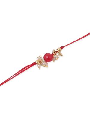   set of 3 red artificial beads & pearls thread rakhi with roli chawal chandan & mishri 5