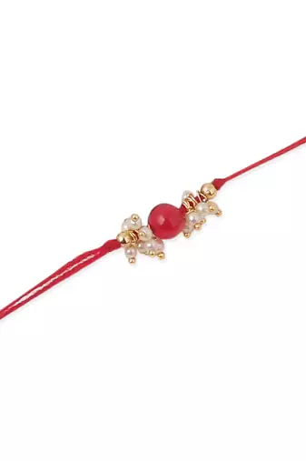   set of 3 red artificial beads & pearls thread rakhi with roli chawal chandan & mishri