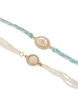  set of 2 white pearls & artificial beads bhaiya bhabhi rakhi with roli chawal chandan & mishri 2
