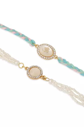  set of 2 white pearls & artificial beads bhaiya bhabhi rakhi with roli chawal chandan & mishri