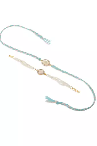  set of 2 white pearls & artificial beads bhaiya bhabhi rakhi with roli chawal chandan & mishri