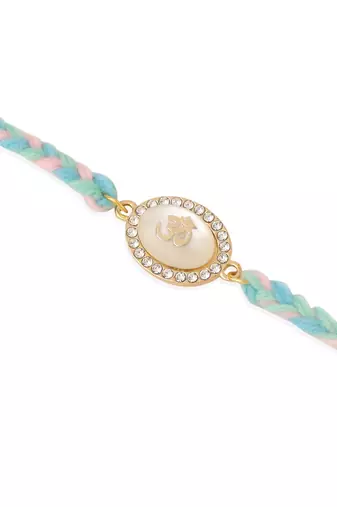  set of 2 white pearls & artificial beads bhaiya bhabhi rakhi with roli chawal chandan & mishri
