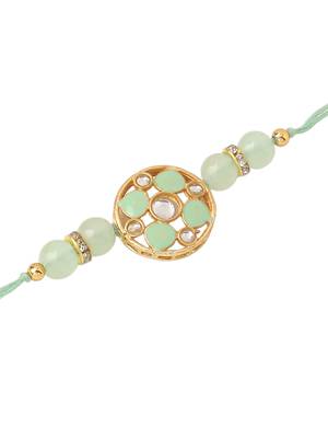   set of 2 artificial stones & beads floral design thread rakhi with roli chawal chandan & mishri 2