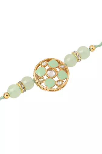   set of 2 artificial stones & beads floral design thread rakhi with roli chawal chandan & mishri