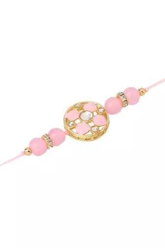   set of 2 artificial stones & beads floral design thread rakhi with roli chawal chandan & mishri
