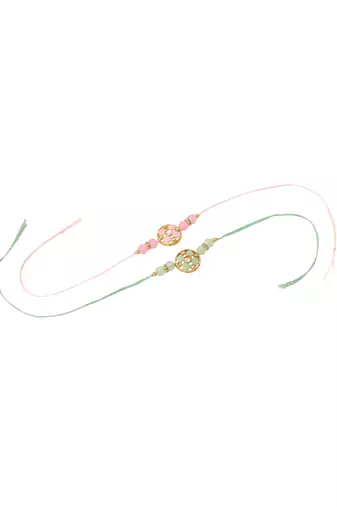   set of 2 artificial stones & beads floral design thread rakhi with roli chawal chandan & mishri