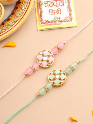   set of 2 artificial stones & beads floral design thread rakhi with roli chawal chandan & mishri 5