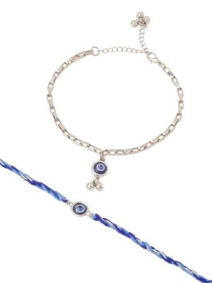  set of 2 blue evil eye bhaiya bhabhi rakhi with roli chawal chandan & mishri 2