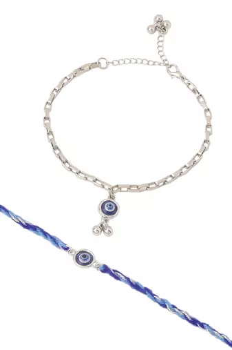  set of 2 blue evil eye bhaiya bhabhi rakhi with roli chawal chandan & mishri