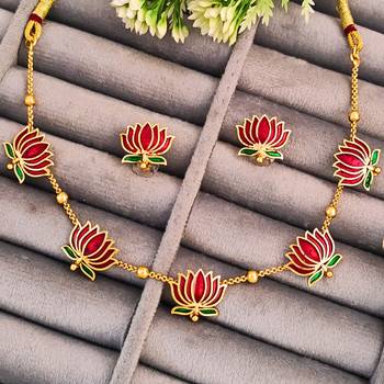 Traditional gold-plated lotus necklace and earrings set with red enamel work, indian jewellery 1