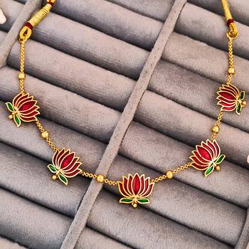Traditional gold-plated lotus necklace and earrings set with red enamel work, indian jewellery 3