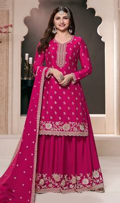 Pink embroidered chinon palazzo style salwar suit 1