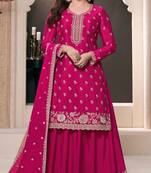 Pink embroidered chinon semi-palazzo style salwar suit