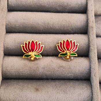 Traditional gold-plated lotus necklace and earrings set with red enamel work, indian jewellery 4