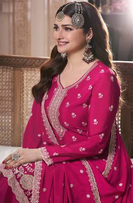 Pink embroidered chinon palazzo style salwar suit 2