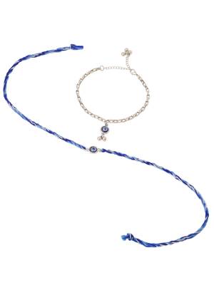  set of 2 blue evil eye bhaiya bhabhi rakhi with roli chawal chandan & mishri 3