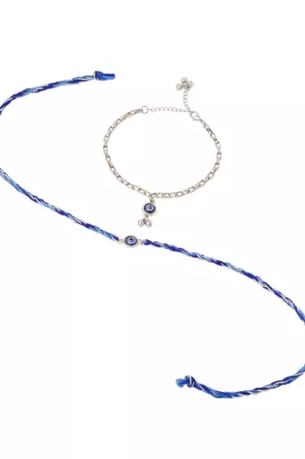  set of 2 blue evil eye bhaiya bhabhi rakhi with roli chawal chandan & mishri