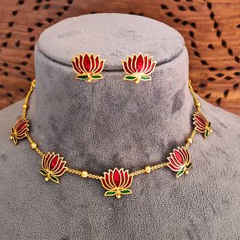 Traditional gold-plated lotus necklace and earrings set with red enamel work, indian jewellery 5