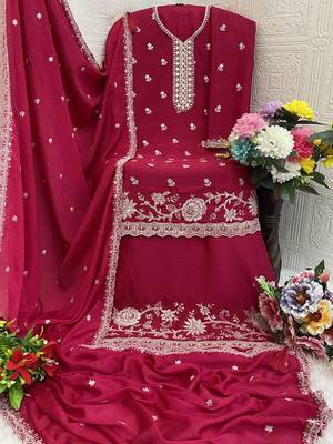 Pink embroidered chinon palazzo style salwar suit 3