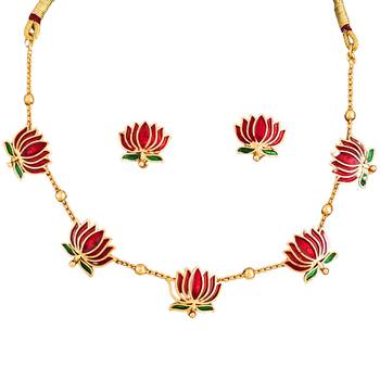 Traditional gold-plated lotus necklace and earrings set with red enamel work, indian jewellery 6