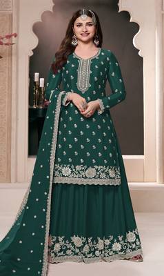 Teal green embroidered chinon palazzo style salwar suit 1