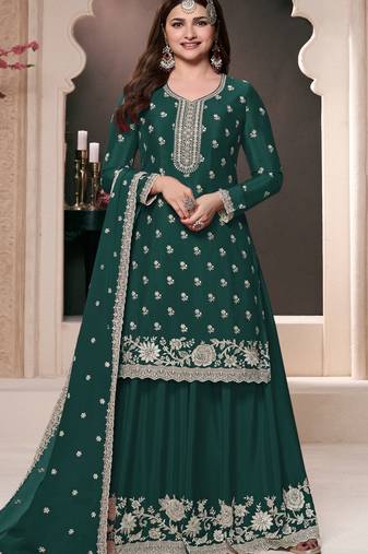 Teal green embroidered chinon semi-palazzo style salwar suit