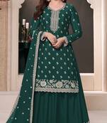 Teal green embroidered chinon semi-palazzo style salwar suit